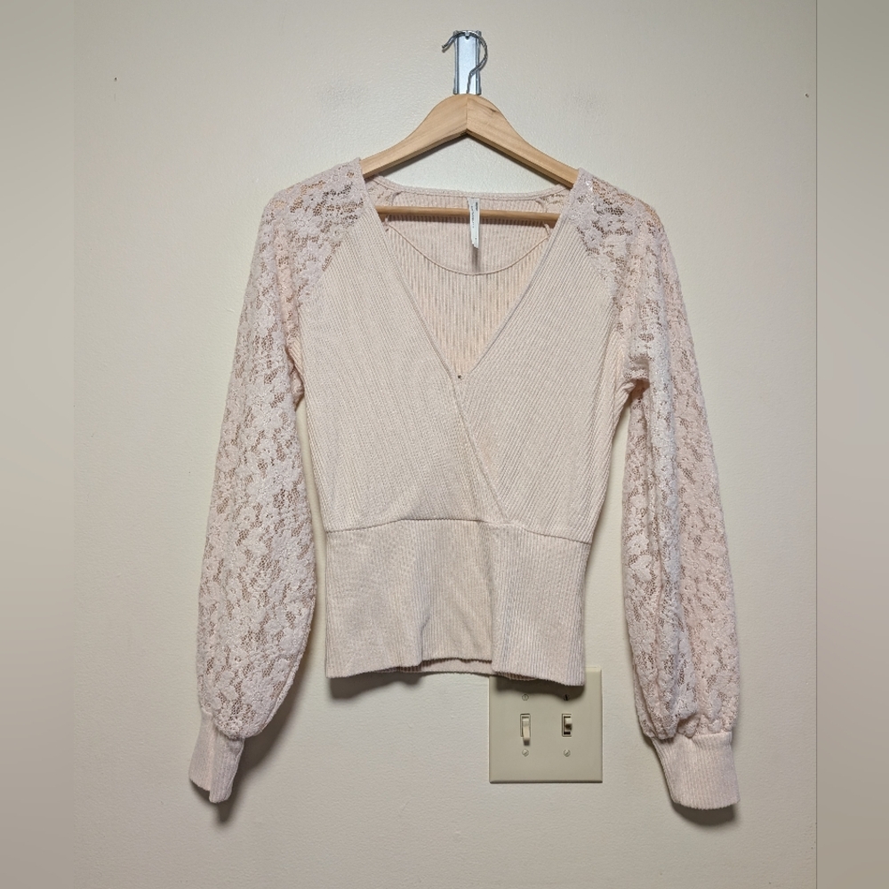 Anthropologie S Cream Lace Sleeve Wrap Top Romantic Feminine